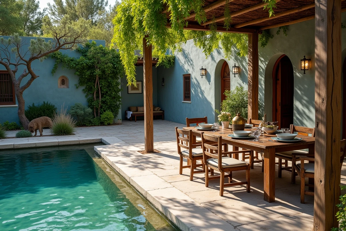 Jardin fleuri d'une villa avec piscine à Essaouira idéale pour une location longue durée