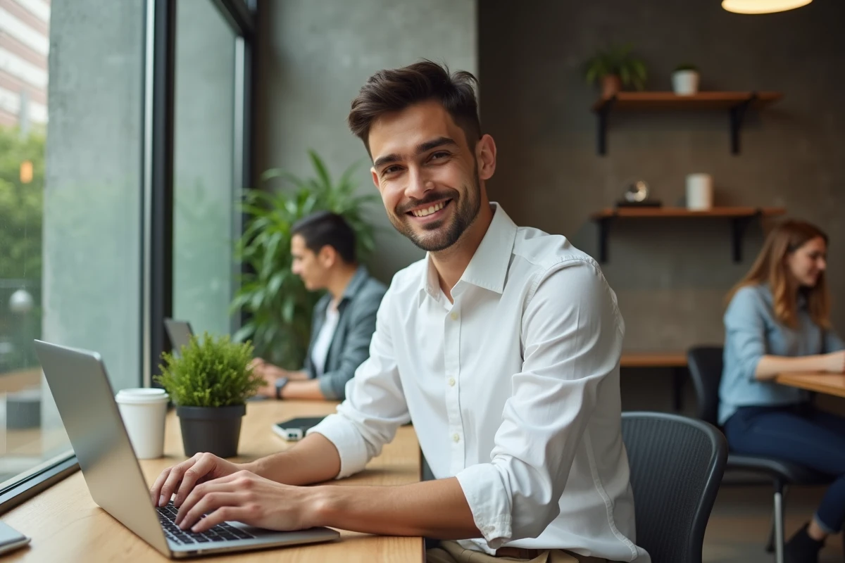 Jeune actif travaillant dans un espace de coworking moderne près de Lespinet Toulouse