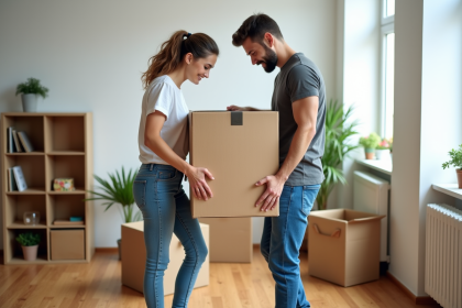 Jeune couple levant une caisse dans un appartement lumineux