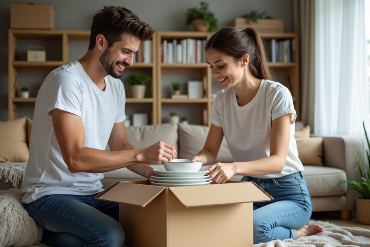 Jeune couple emballant la vaisselle dans un appartement cosy