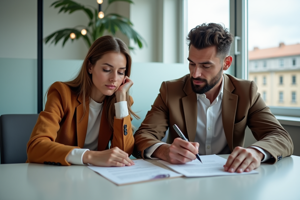 Jeune couple signant un acte hypothécaire dans un bureau moderne
