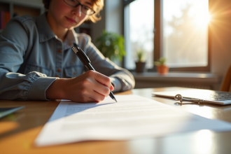 Jeune étudiant signant un bail dans un appartement lumineux