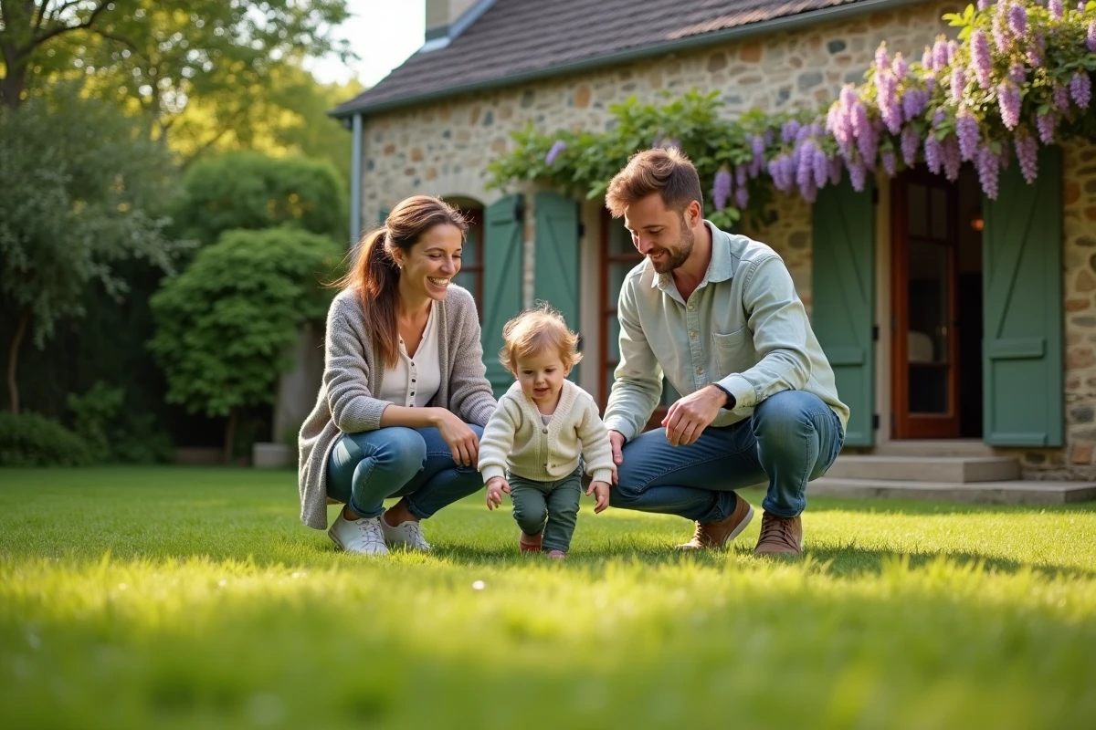 Jeune famille avec enfant en bas âge jouant dans le jardin d'une petite maison de location