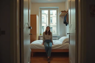 Jeune femme dans une petite chambre urbaine en appartement