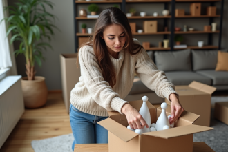 Femme jeune rangeant figurines en porcelaine dans une box