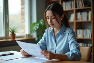 Jeune femme consultant des documents sur l'aide au logement Action Logement dans un bureau à domicile moderne