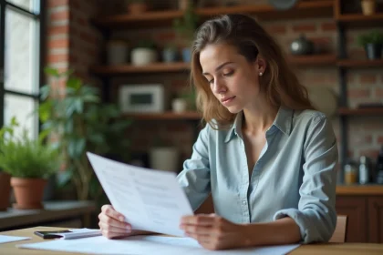 Jeune femme lisant des documents de location dans son appartement