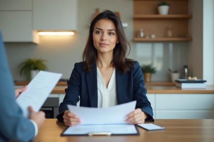Jeune femme en blazer présente des documents à un propriétaire