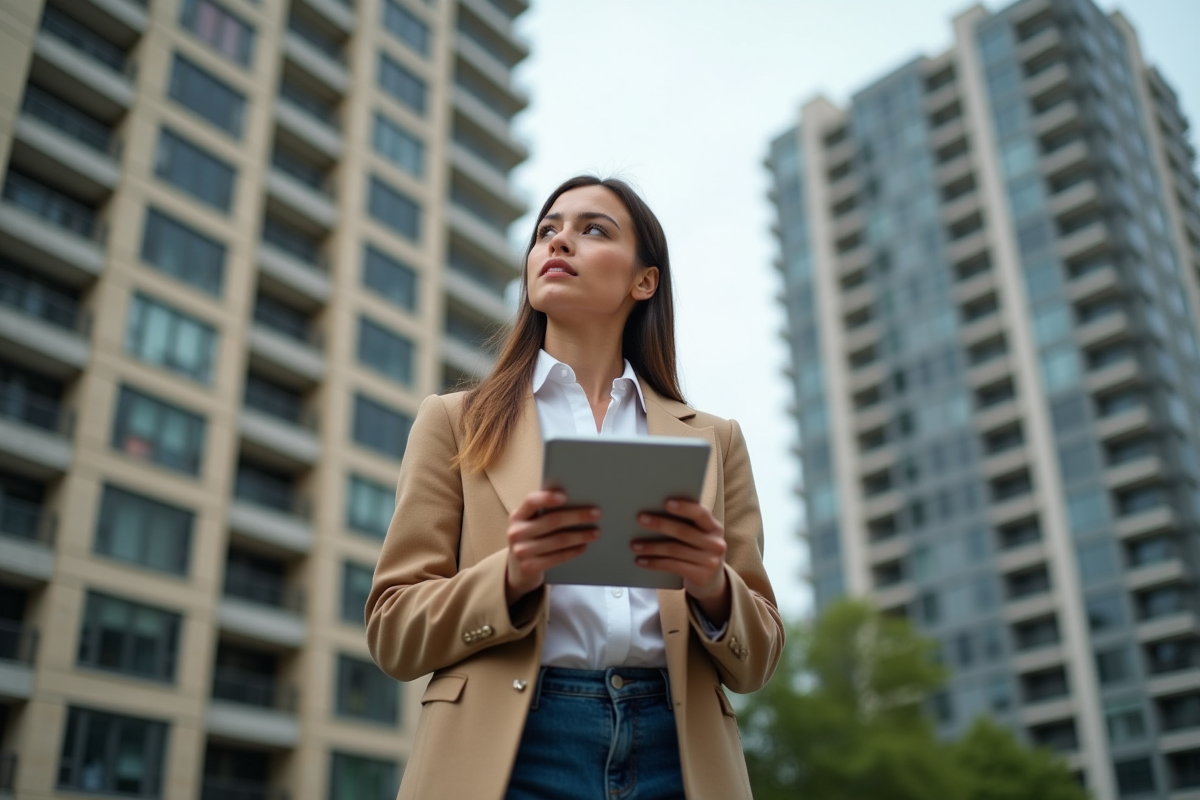 Jeune femme compare deux immeubles en ville