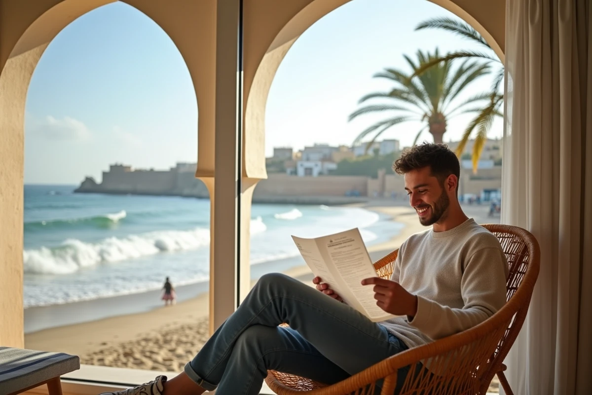 Jeune homme lisant un contrat dans un appartement en bord de mer