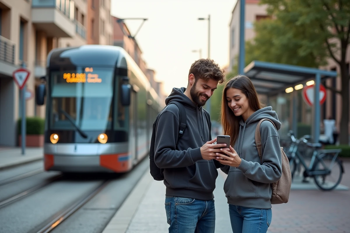 Deux jeunes habitants consultant leur téléphone près d'un arrêt de tram dans le quartier Montaudran Lespinet