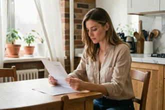 Locataire lisant son contrat d'assurance habitation à la table de sa cuisine