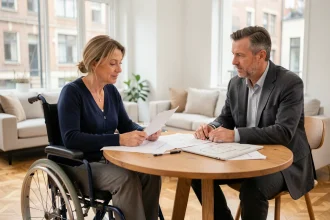 Locataire en fauteuil roulant et gestionnaire immobilier discutant des adaptations du logement autour de plans de rénovation