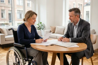 Locataire en fauteuil roulant et gestionnaire immobilier discutant des adaptations du logement autour de plans de rénovation