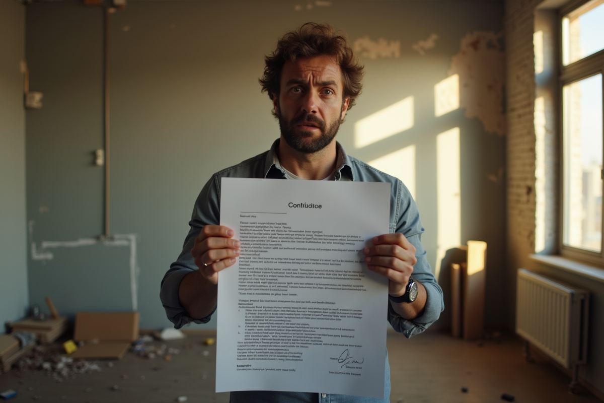 Locataire mécontent tenant un contrat de location dans un appartement endommagé