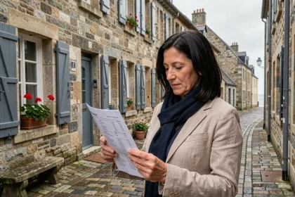 Femme consultant une annonce de location d'appartement dans une rue pavée de Concarneau, quartier historique en pierre bretonne