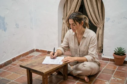 Femme consultant un contrat de location longue durée dans un appartement traditionnel à Essaouira avec décor marocain authentique