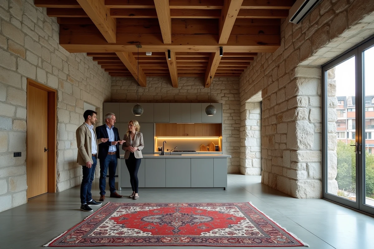 Estimation immobilière d'un loft de luxe atypique avec murs en pierre et poutres apparentes, prix au m² discuté entre clients et expert