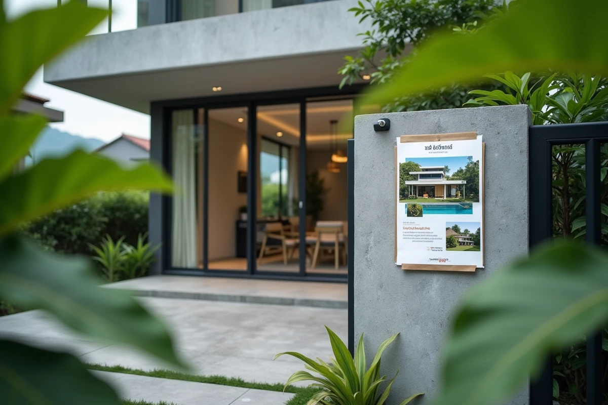 Façade d'une maison moderne à vendre en Thaïlande avec annonce immobilière entre particuliers affichée sur le portail