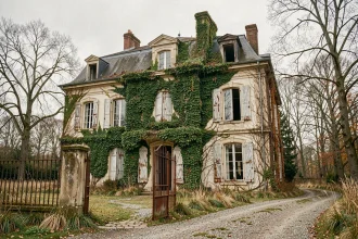 Manoir abandonné à vendre avec façade en pierre envahie de lierre et portail rouillé entrouvert