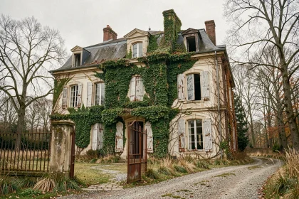 Manoir abandonné à vendre avec façade en pierre envahie de lierre et portail rouillé entrouvert