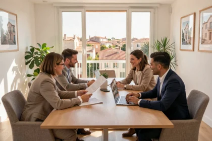 Courtiers en prêt immobilier dans l'Hérault en consultation avec des clients autour de documents et d'un ordinateur portable dans un bureau moderne de Montpellier