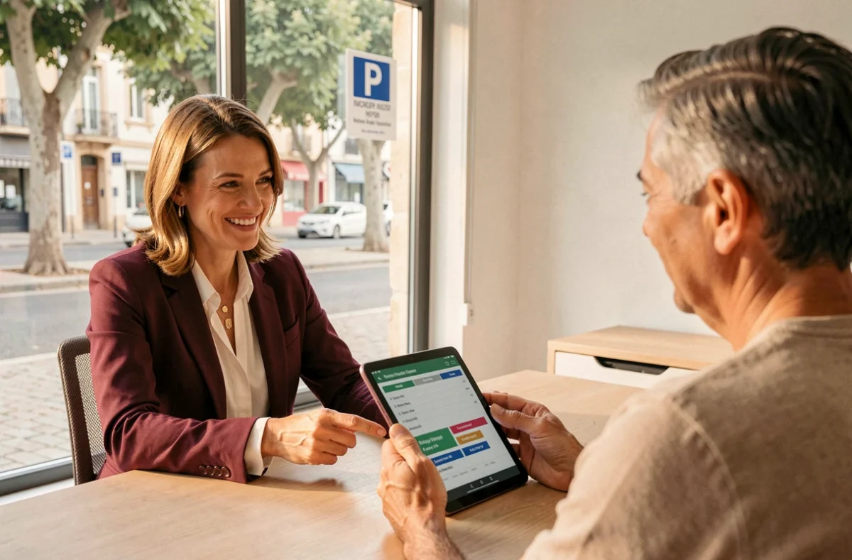 Conseillère de Meilleurtaux Béziers présentant une comparaison de taux immobiliers sur tablette à un couple dans une agence lumineuse de l'ouest héraultais