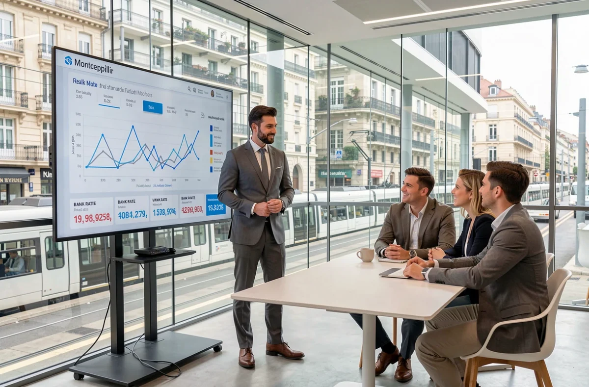 Courtier Meilleurtaux Montpellier présentant un tableau de bord des taux immobiliers sur écran interactif à des clients dans un bureau vitré avec vue sur la métropole
