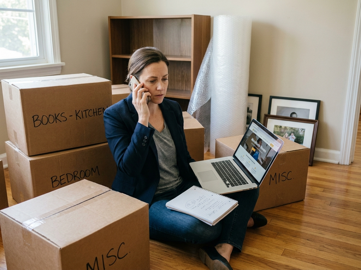Mère active gérant la logistique du déménagement par téléphone tout en travaillant depuis le salon