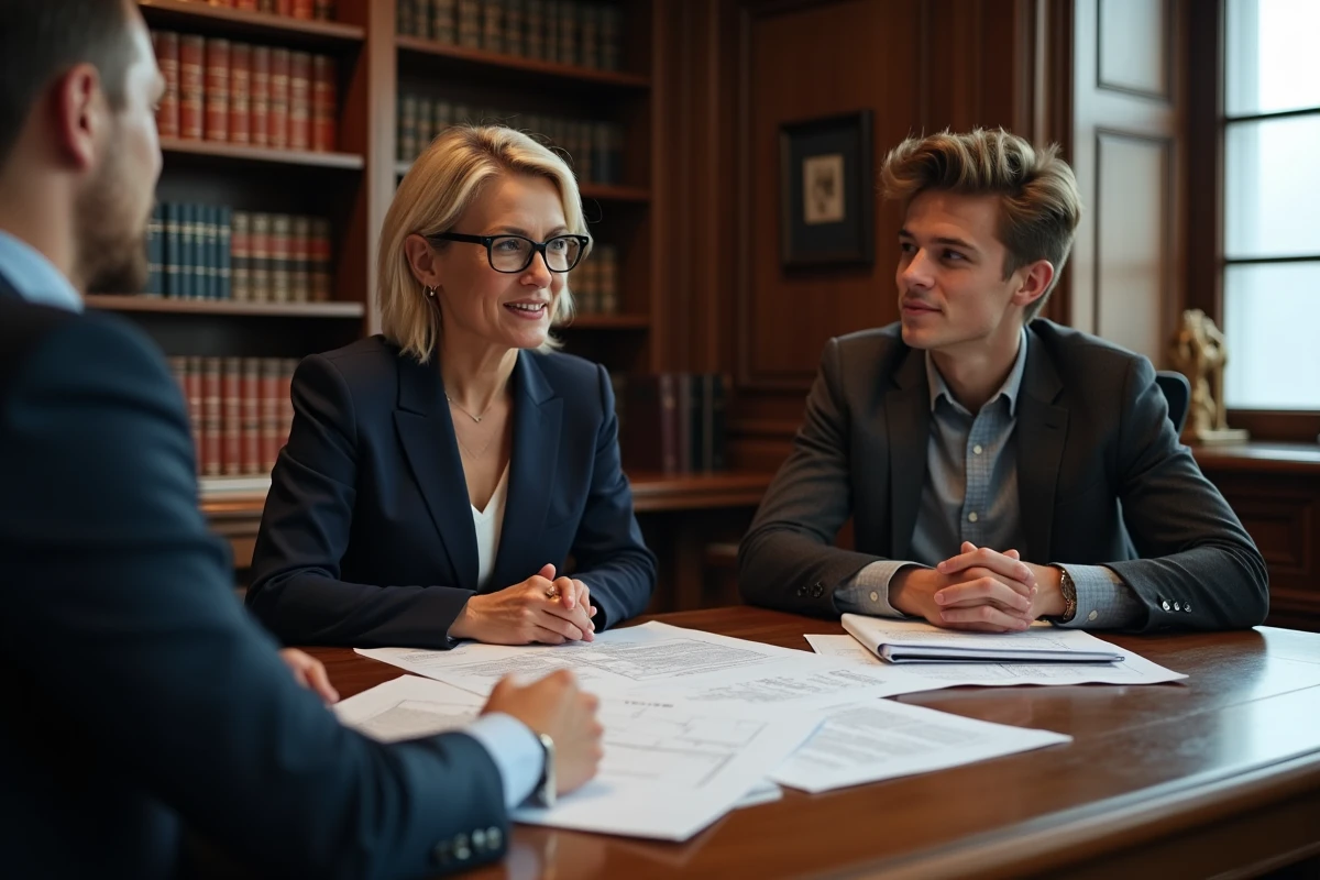Négociation immobilière autour d'un contrat de vente dans un bureau de notaire pour l'achat d'une maison ancienne