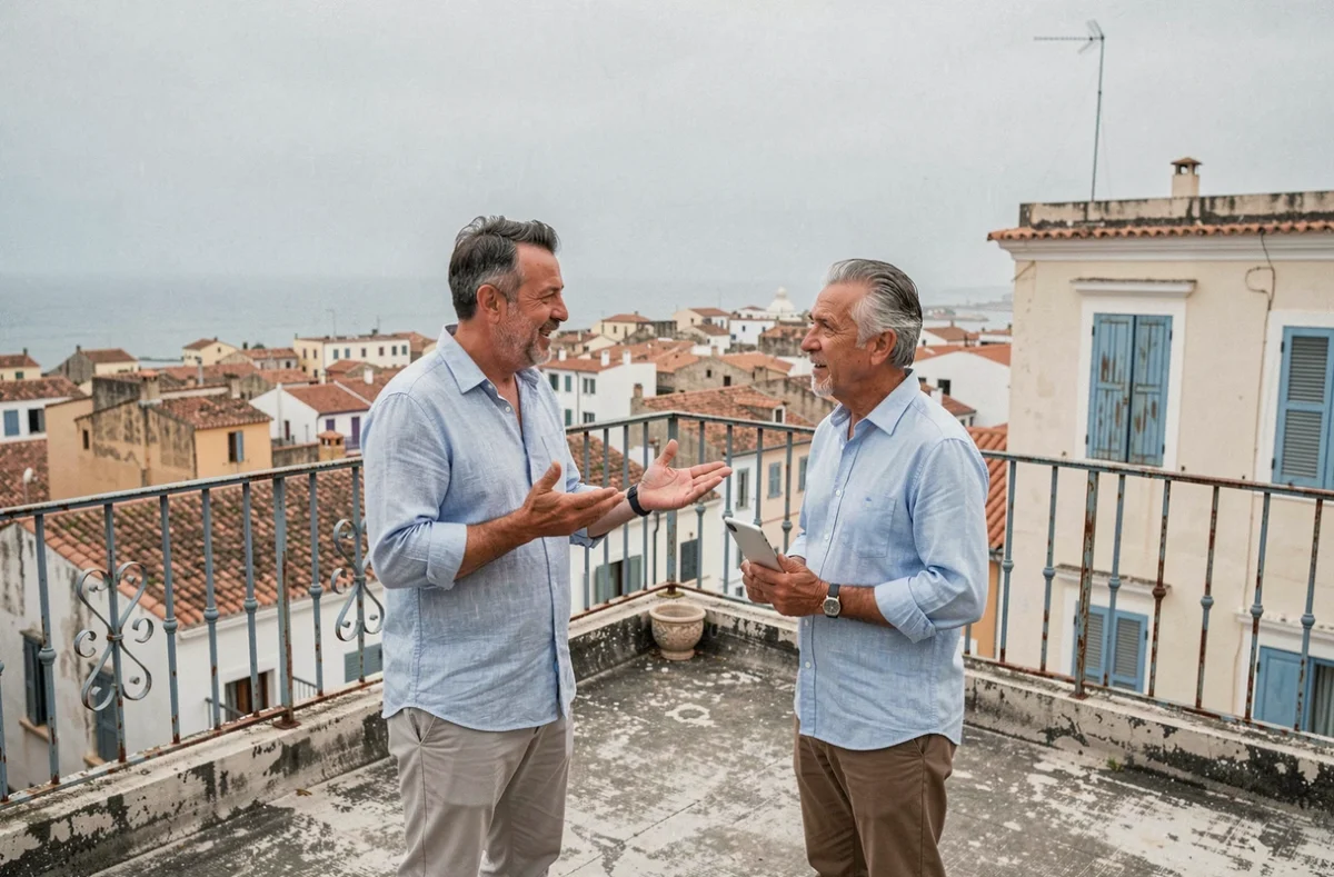 Deux hommes négociant une location entre particuliers sur une terrasse avec vue sur la médina et l'océan à Essaouira