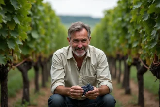 Néovigneron inspectant des grappes de raisin dans un vignoble bordelais lors de sa première acquisition