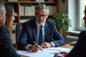 Notaire en costume bleu examine documents avec un couple