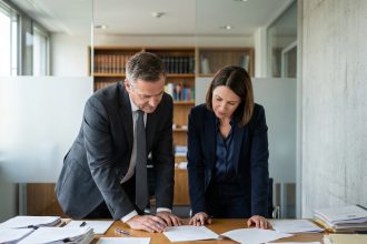 Notaire et experte immobiliere en réunion au bureau