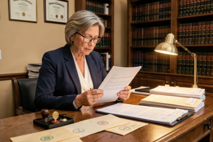 Notaire femme lisant une lettre de succession complexe dans son bureau juridique