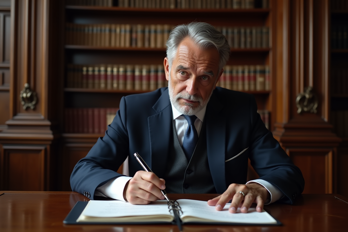 Notaire français en costume examinant des documents officiels