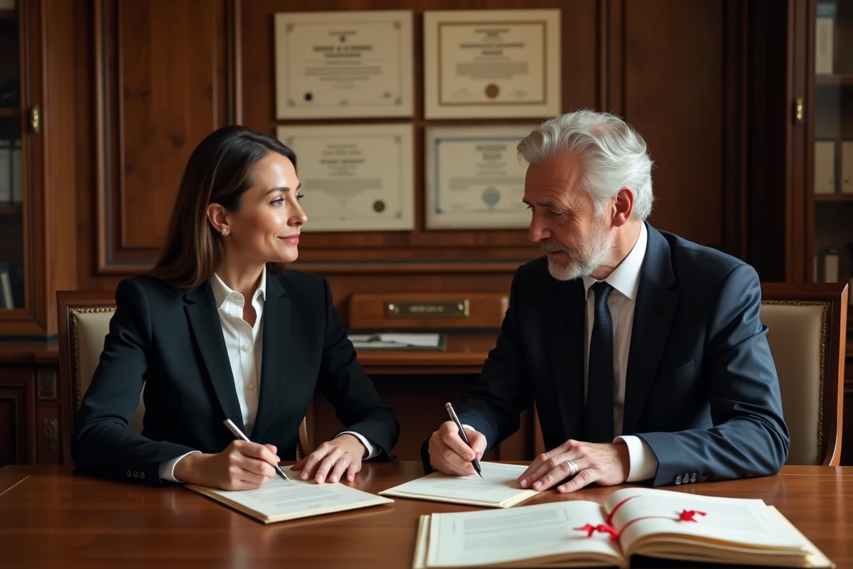 Deux notaires signant des actes fonciers officiels dans une étude notariale traditionnelle face aux réformes de 2026