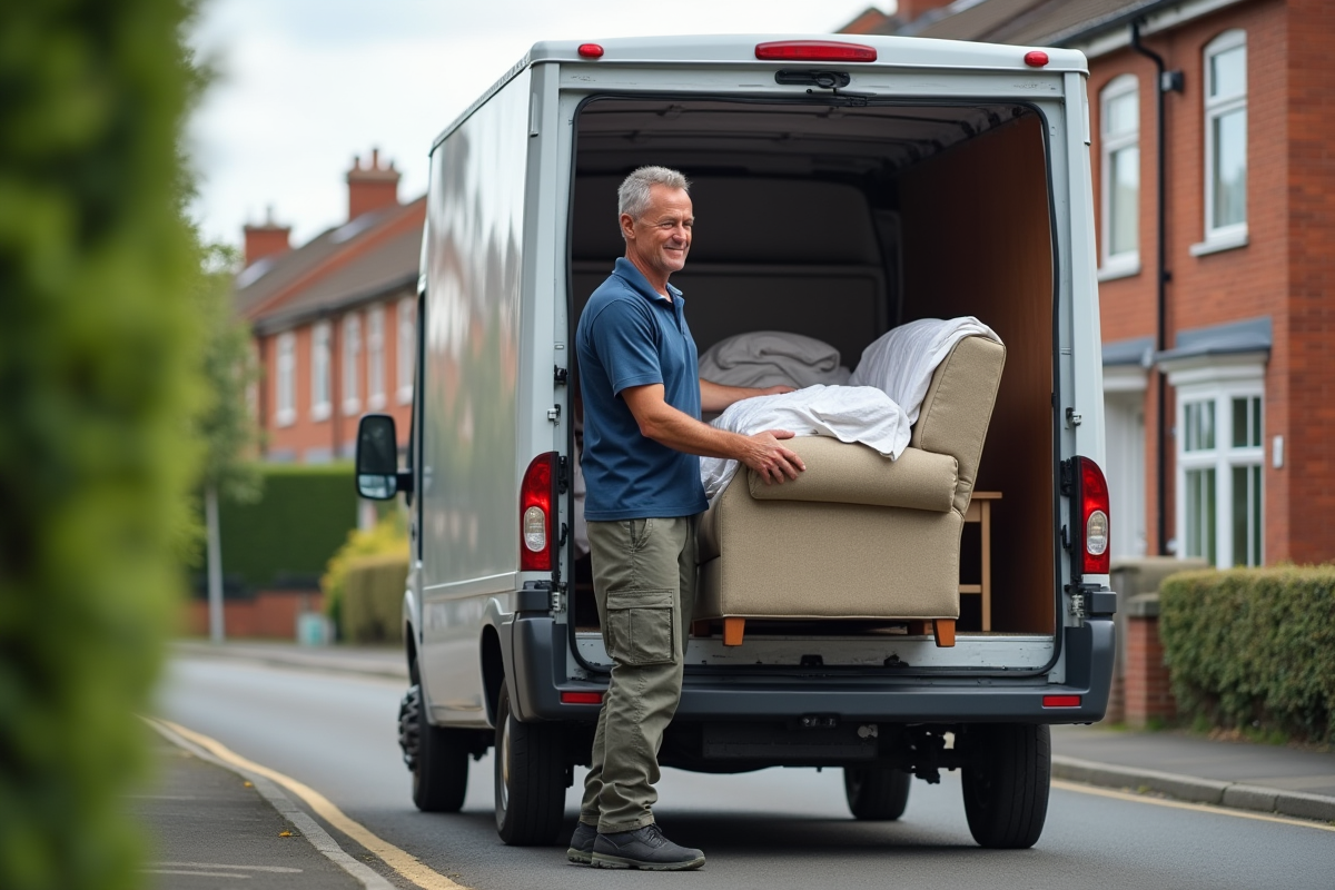 Ouvrier de déménagement chargeant un fauteuil dans une camionnette