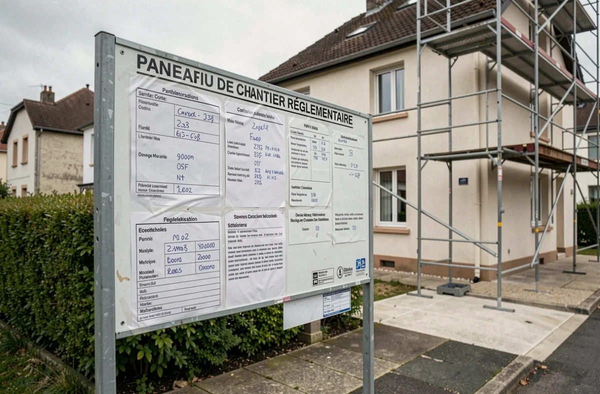 Panneau réglementaire de déclaration de travaux installé devant une maison en rénovation en France
