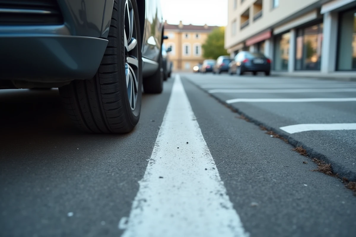 Roue de voiture dépassant des lignes blanches d'une place de stationnement non conforme aux normes de largeur