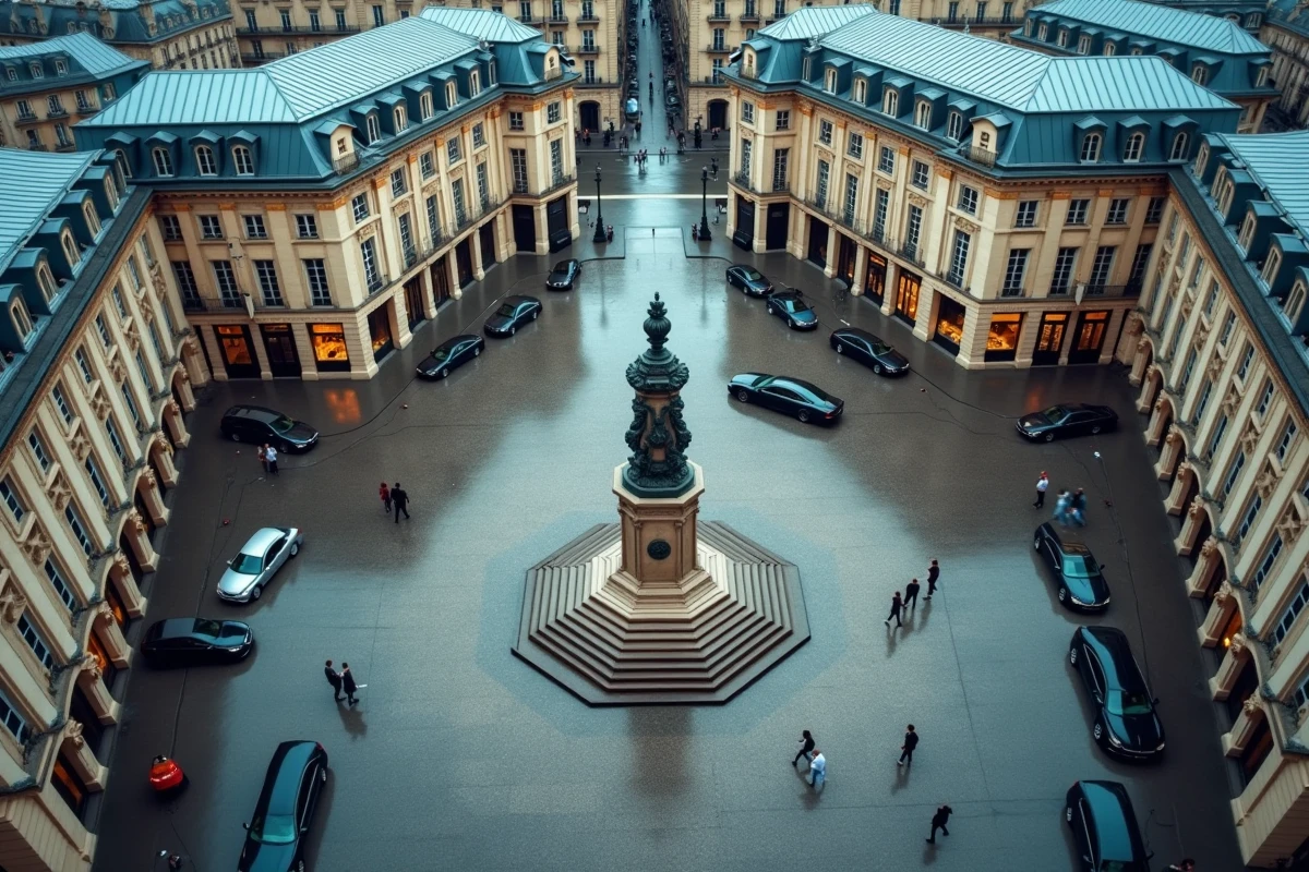 Vue aérienne de la Place Vendôme dans le 1er arrondissement de Paris, symbole de la richesse et du luxe parisien en 2026