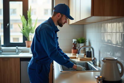 Plombier en uniforme bleu inspectant un évier de cuisine dans un appartement moderne en Illinois