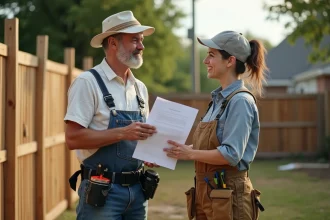 Hommes et femme discutent devant une clôture en bois en construction