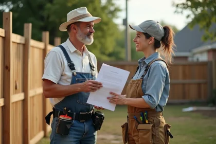 Hommes et femme discutent devant une clôture en bois en construction