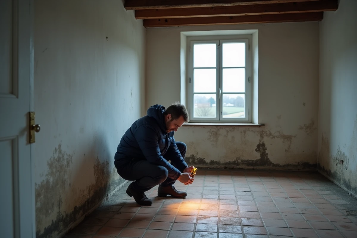 Homme inspectant des traces d'humidité et de moisissures sur un mur dans une maison à louer en Seine-Maritime