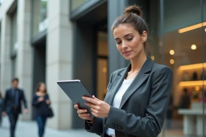 Professionnelle en blazer devant un immeuble commercial urbain moderne avec façade en verre, tenant une tablette avec des plans architecturaux