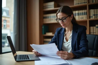 Professionnelle immobilière analysant les nouvelles réglementations foncières 2026 sur un écran d'ordinateur dans un bureau juridique moderne