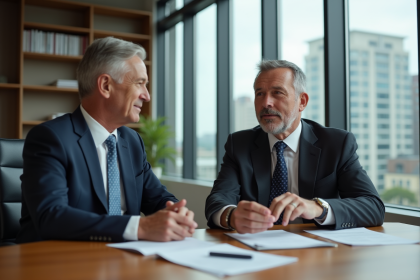 Couple d'affaires dans un bureau moderne avec vue urbaine