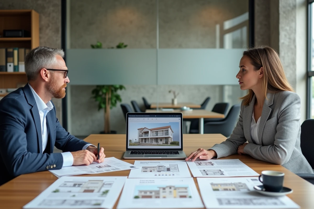 Deux professionnels de l'immobilier étudiant des plans de biens locatifs lors d'une réunion en espace de coworking