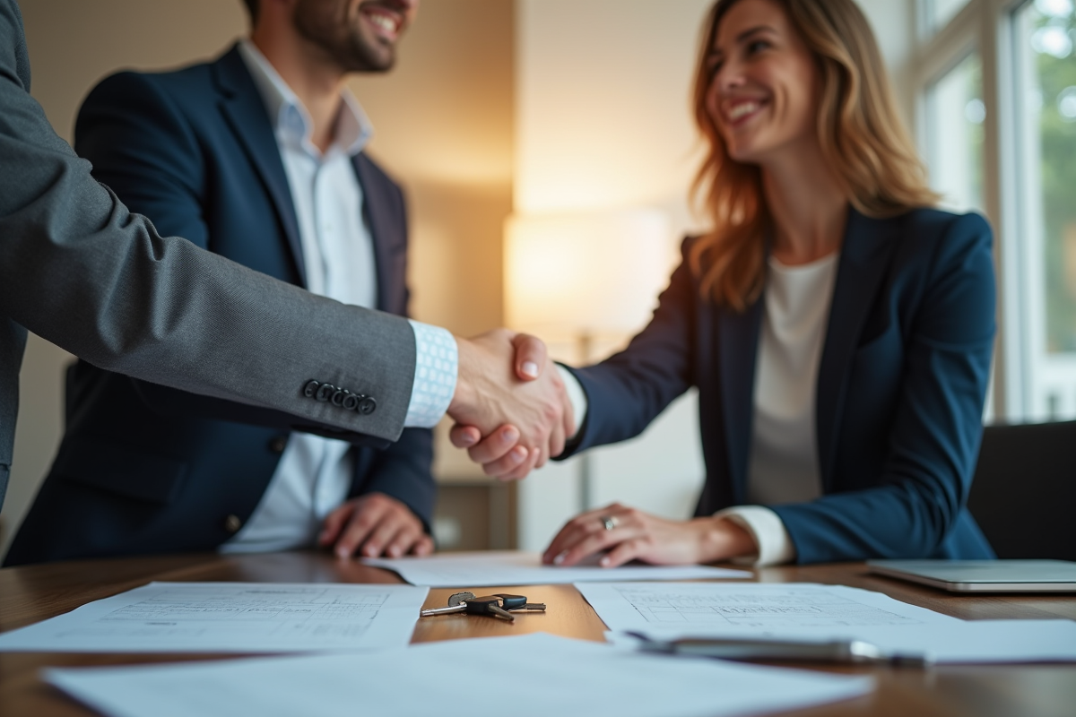 Deux professionnels se serrant la main dans un bureau immobilier